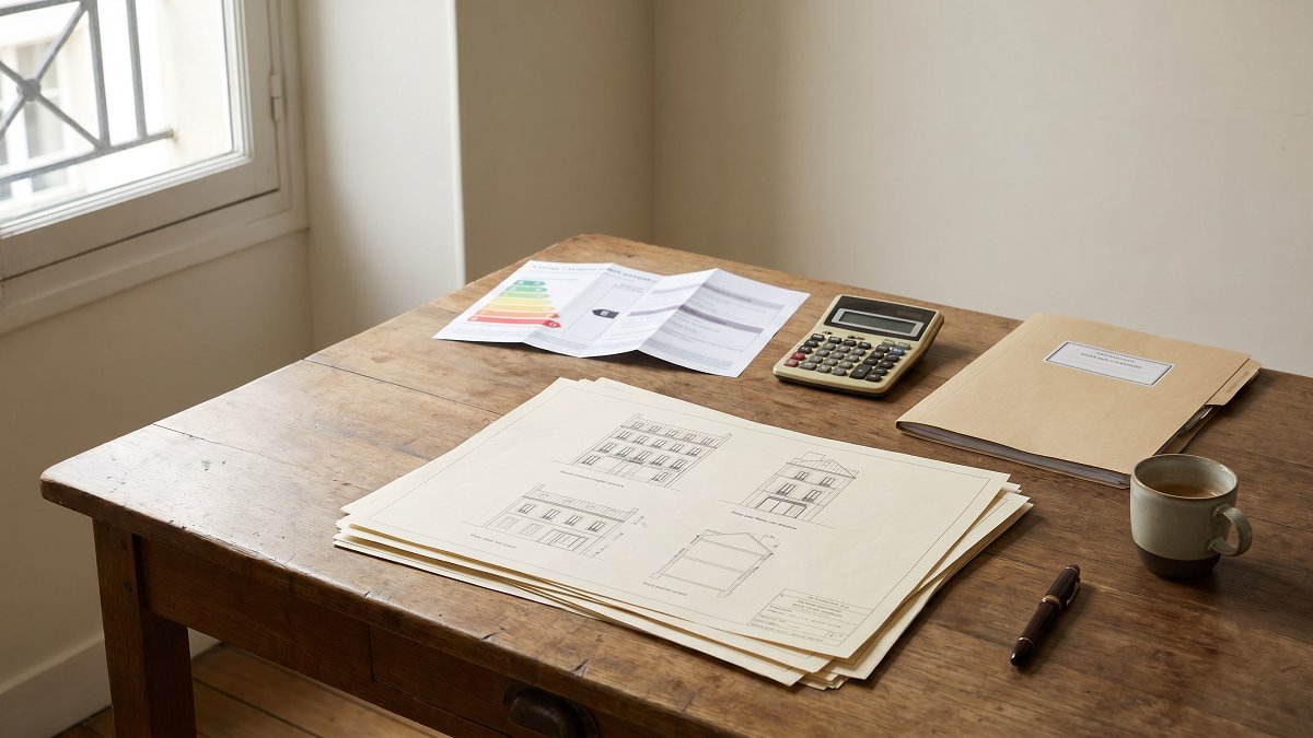 Bureau d'un coordinateur de projet de rénovation énergétique avec plans, étiquette DPE et dossier administratif