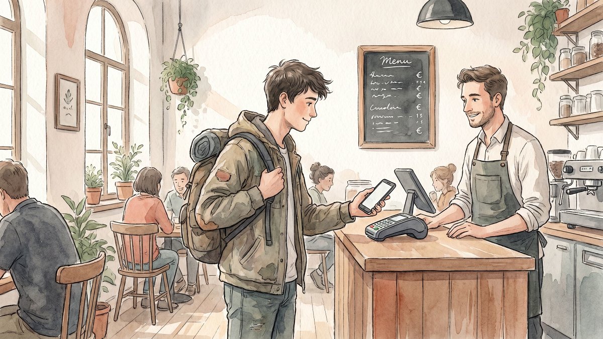Traveler paying with a smartphone tap to terminal at a cafe counter abroad, prices shown in euros