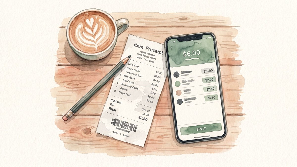 Overhead view of a cafe table showing a printed restaurant receipt next to a smartphone running a bill splitting app
