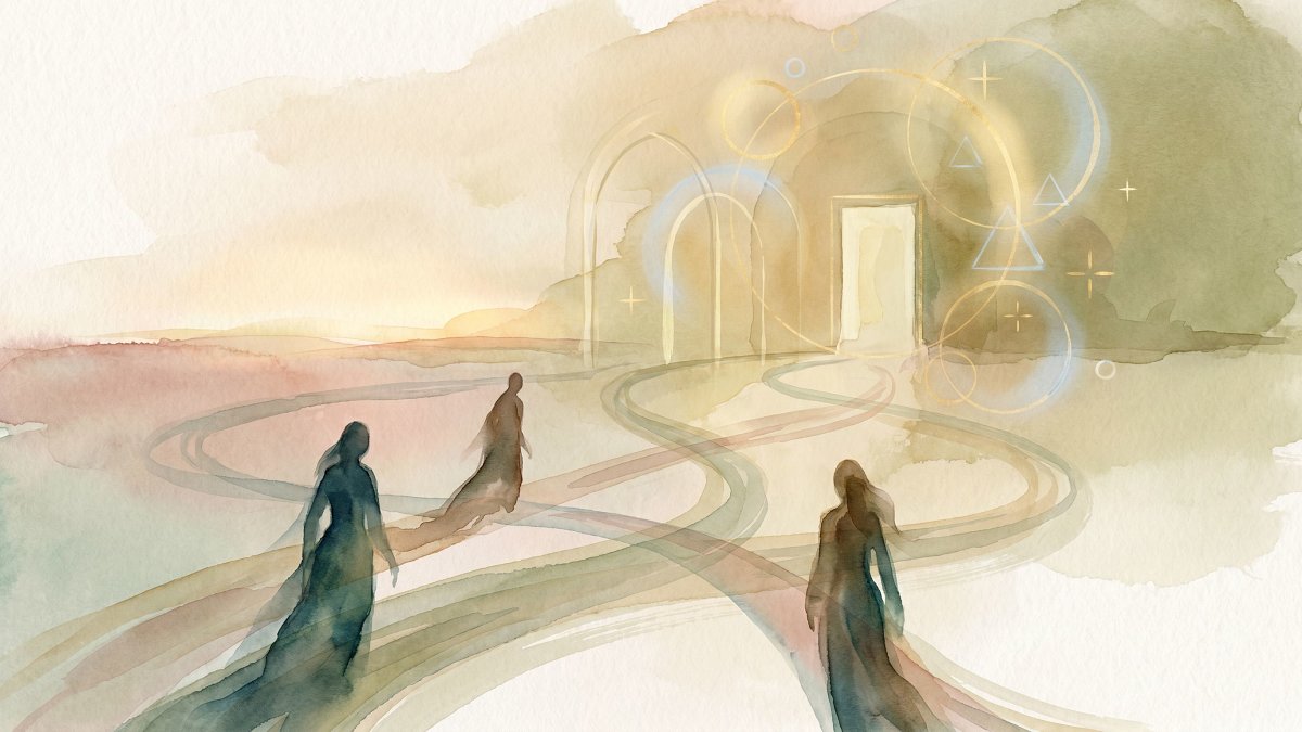 Trois silhouettes accompagnées par leurs trajectoires personnelles vers un horizon, évoquant le parcours de soin en France