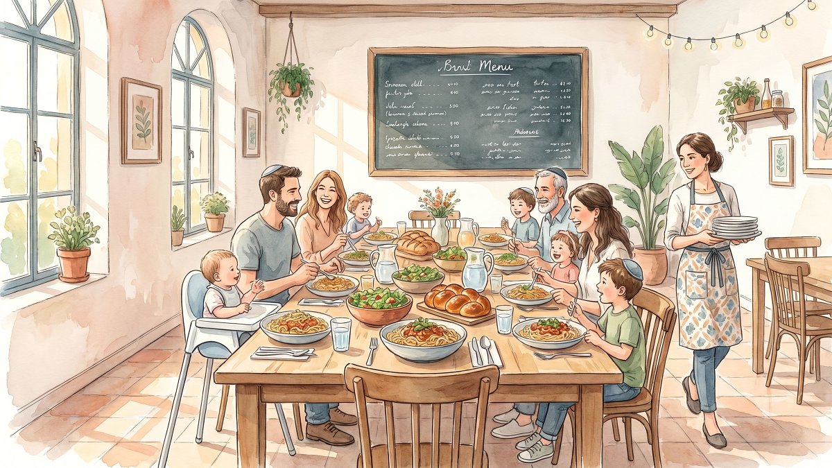 Bright Tel Aviv kosher dairy restaurant interior with a long communal table set for families, watercolor editorial illustration