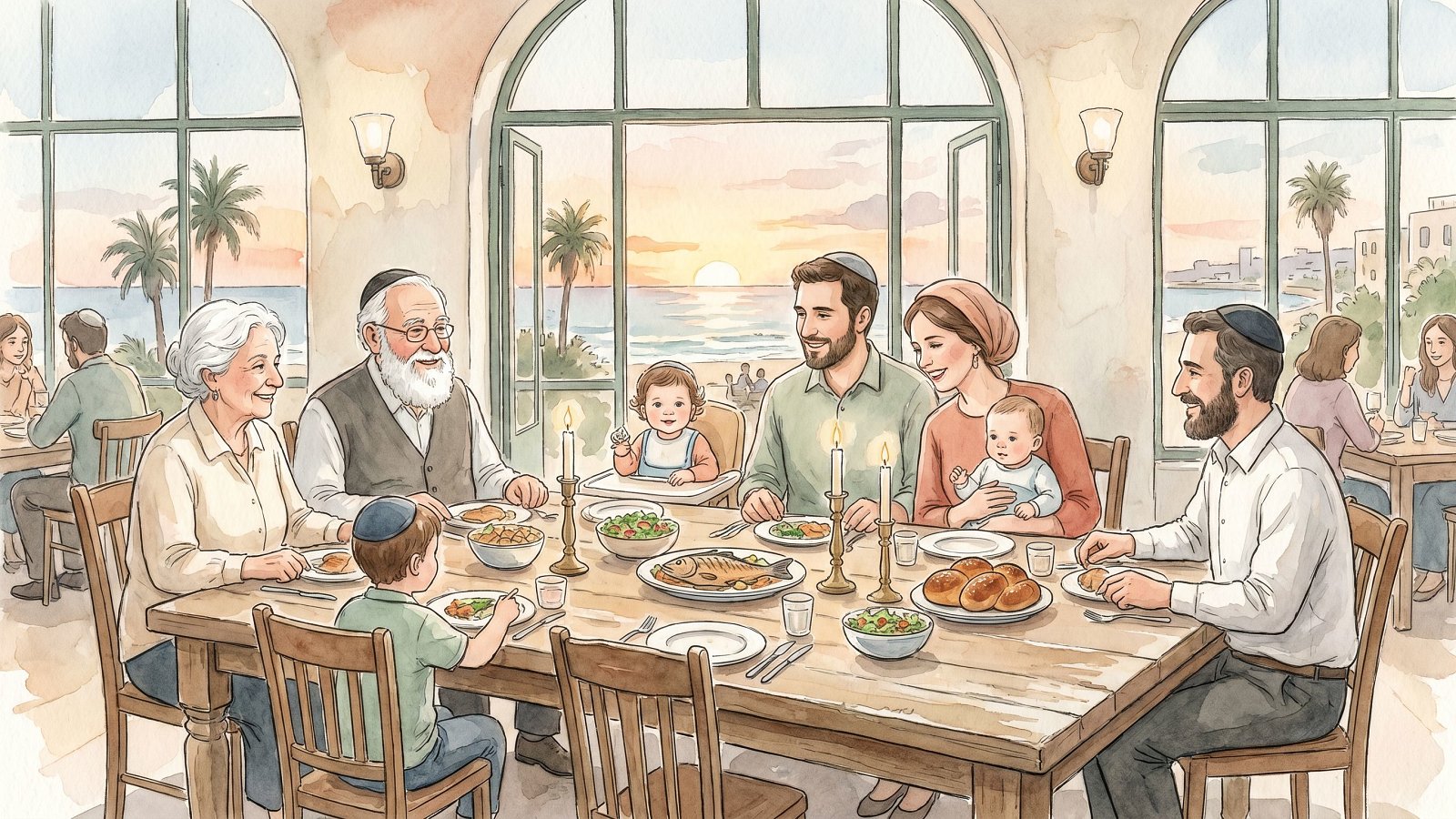 Three generations of an observant Jewish family seated at a long, calm Tel Aviv kosher restaurant table, watercolor editorial illustration