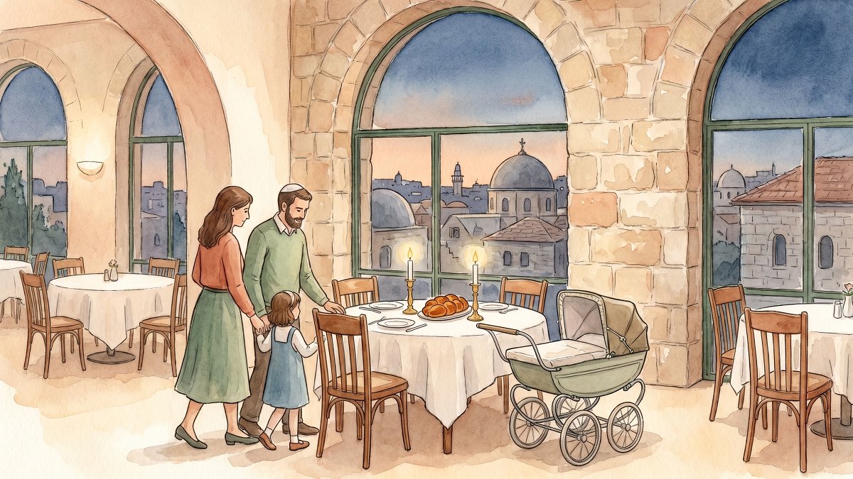 Serene Jerusalem hotel dining room at the start of Shabbat with a family arriving and a stroller beside the table, watercolor editorial illustration