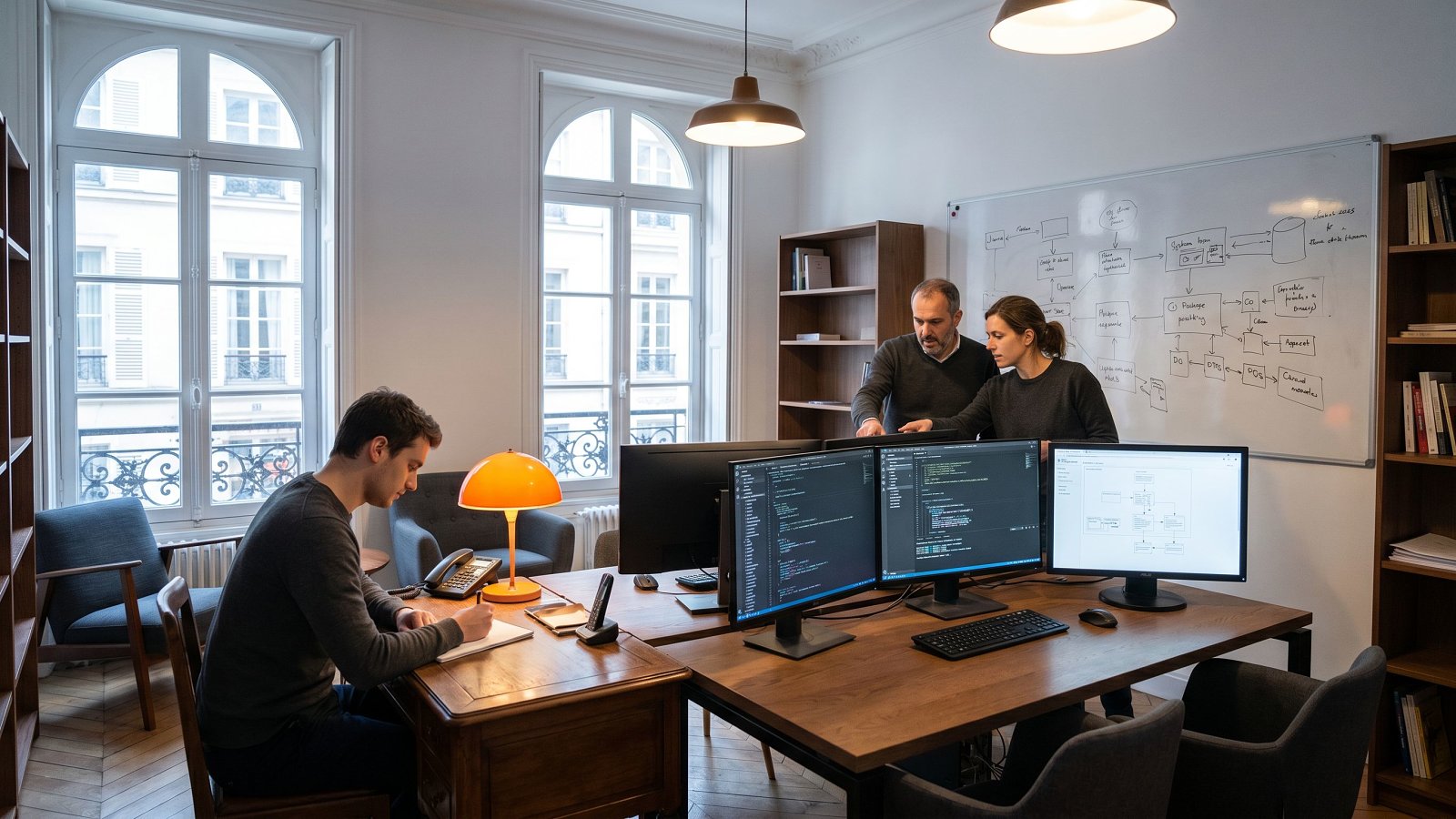 Two senior software engineers reviewing code together at a long oak desk, architecture decision record on the whiteboard behind them