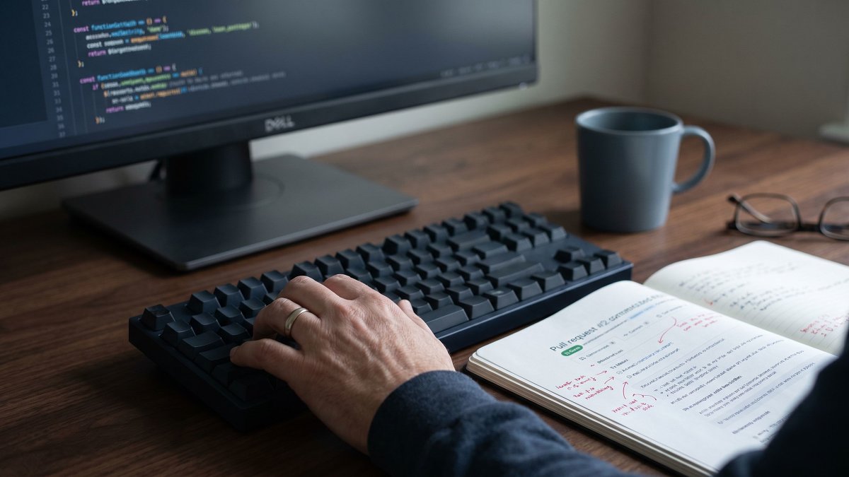 Code review in progress on a single matte 27-inch monitor with a printed pull request annotated in red pen on the side notebook
