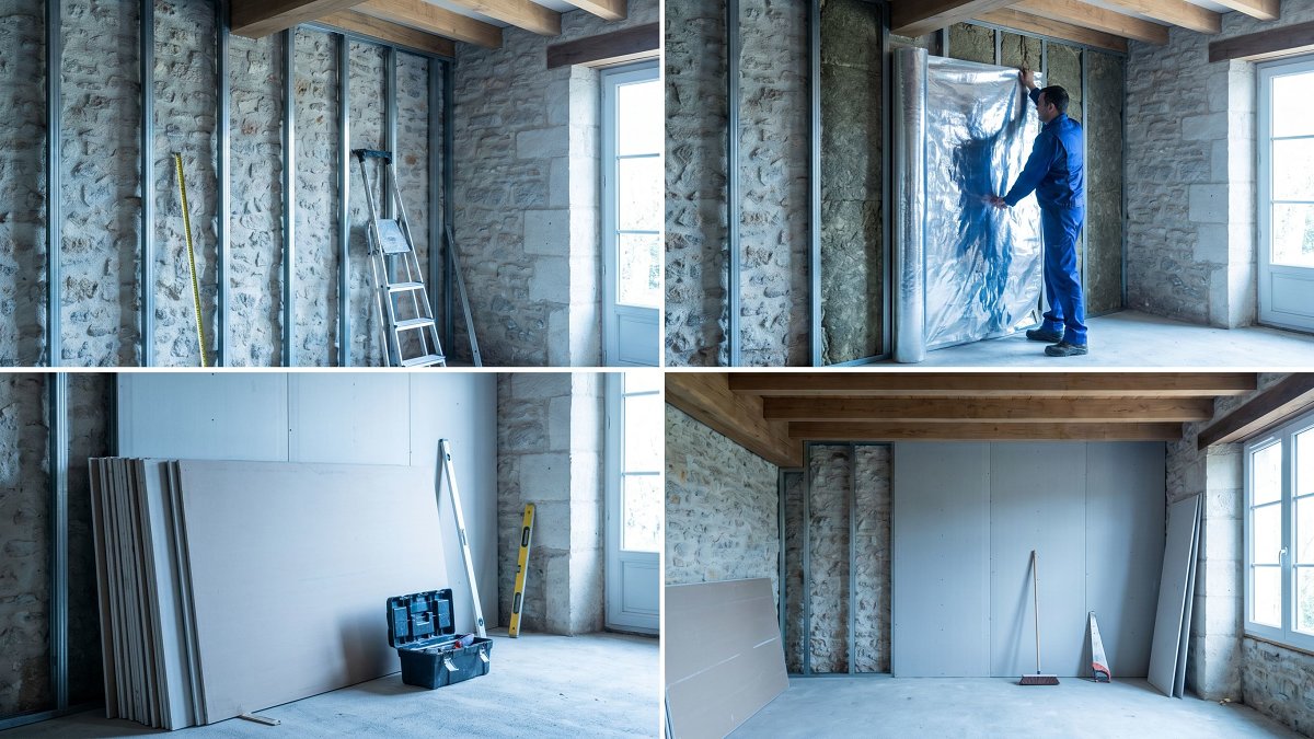 Étapes de pose isolation intérieure murs : ossature métallique, laine minérale, pare-vapeur continu, plaque de plâtre BA13