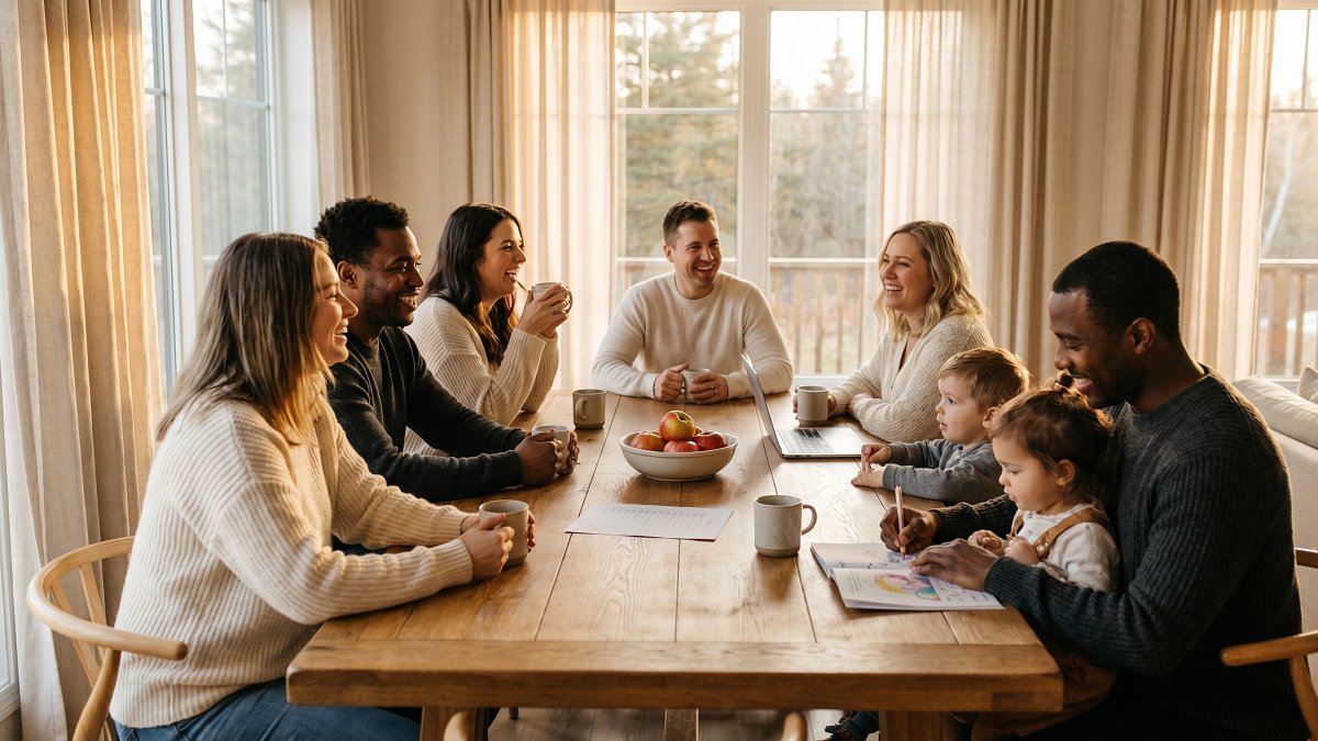 Family and friends gathering around a printed shared trip budget on a wooden dining table