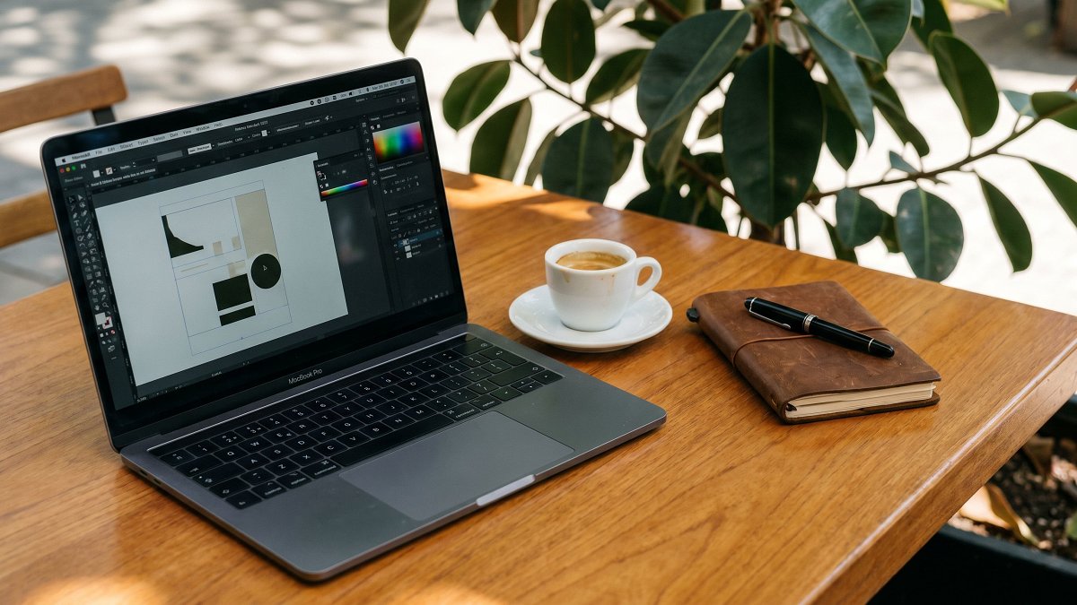 Close-up of a working laptop and espresso cup on a kosher Rothschild Boulevard café terrace