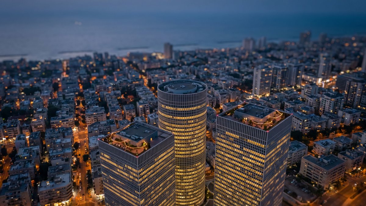 Aerial view of Tel Aviv's Azrieli skyline at dusk with kosher rooftop dining venues