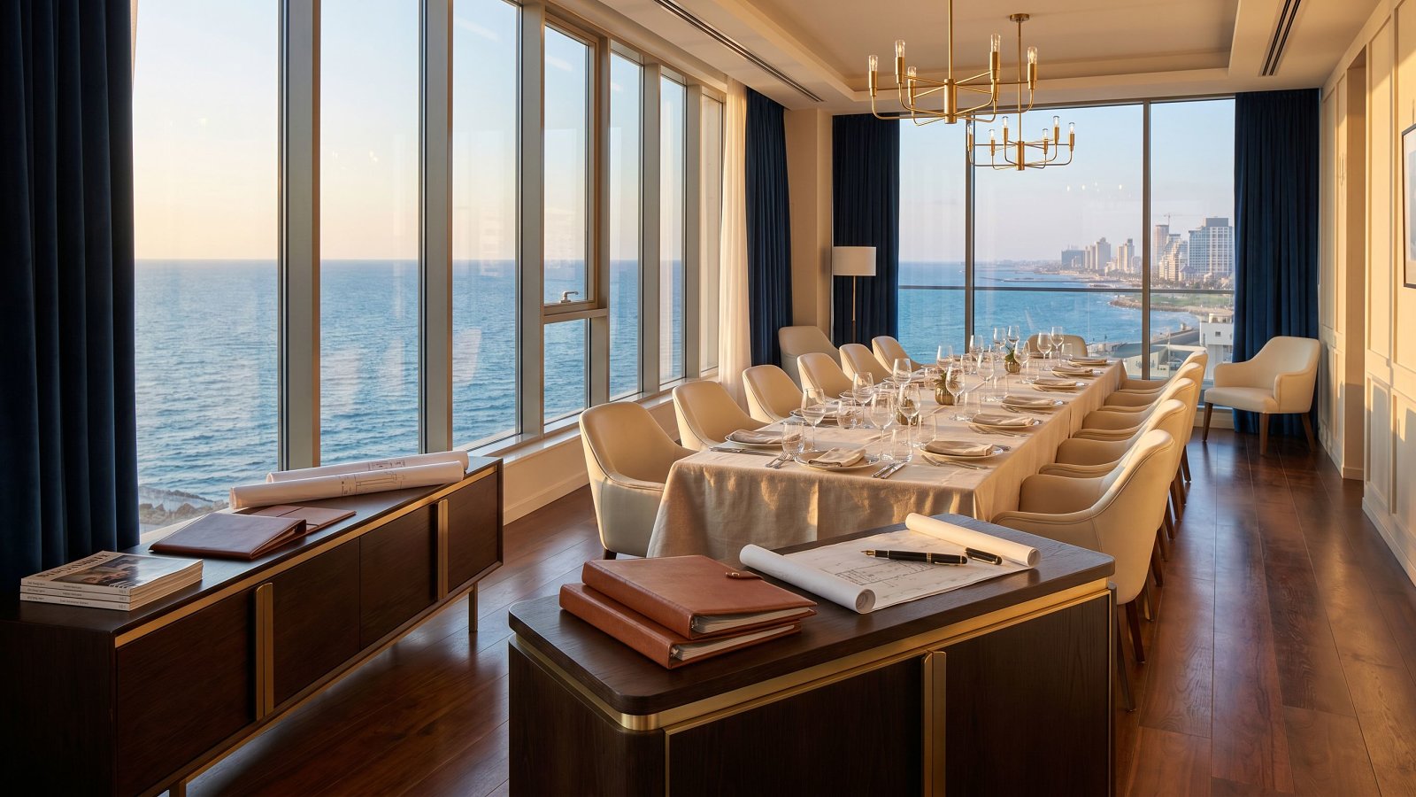 Elegant kosher private dining room overlooking the Mediterranean at golden hour