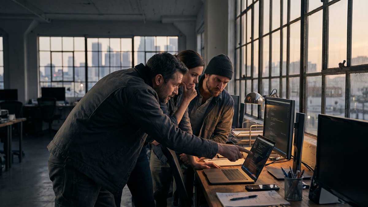 Three engineers around a desk collaborating on a code review session