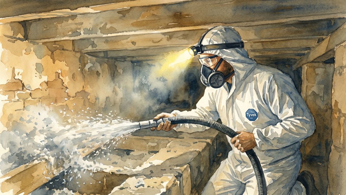Artisan RGE en équipement de protection appliquant un flocage de laine minérale en sous-face d'un plancher bas dans un vide sanitaire