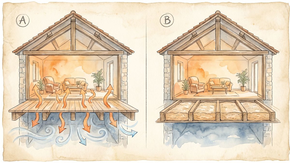 Schéma comparatif des déperditions thermiques entre un plancher bas non isolé et un plancher bas correctement isolé