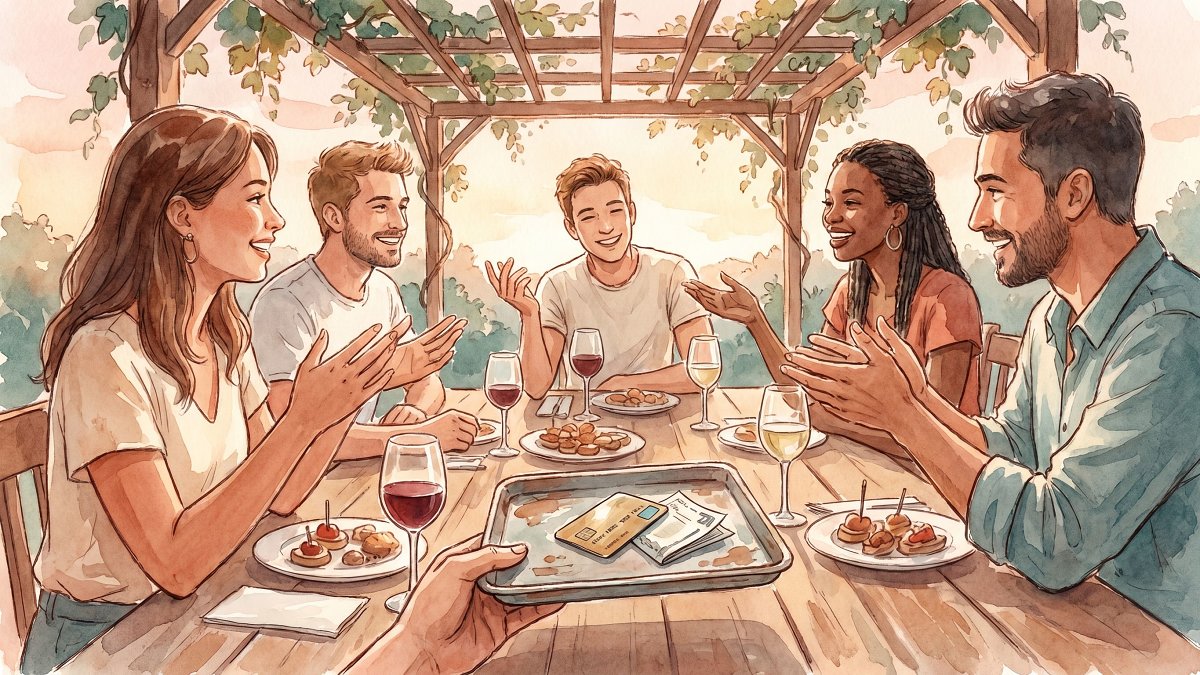 Friends at a Mediterranean restaurant table with the bill arriving on a small tray and a single credit card tucked into it, watercolor illustration