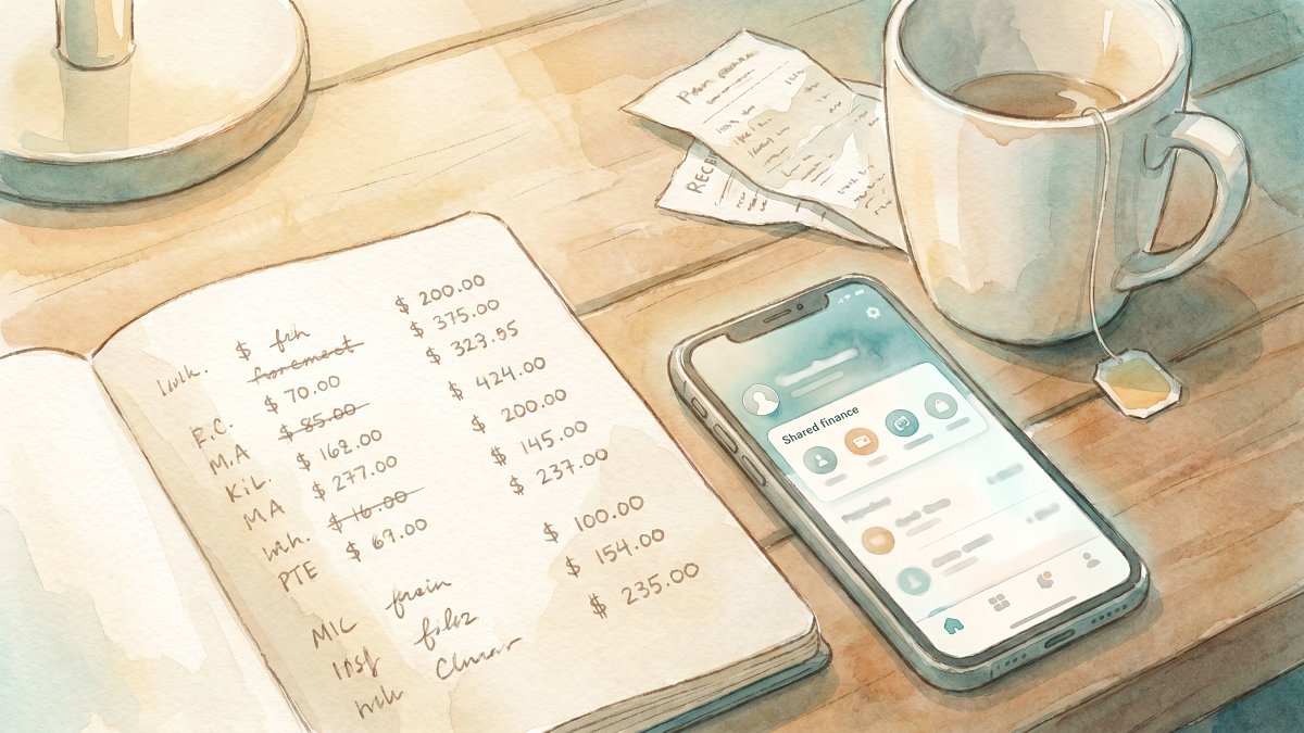 Handwritten dollar amounts in a small notebook beside a phone showing a shared expense app, watercolor illustration