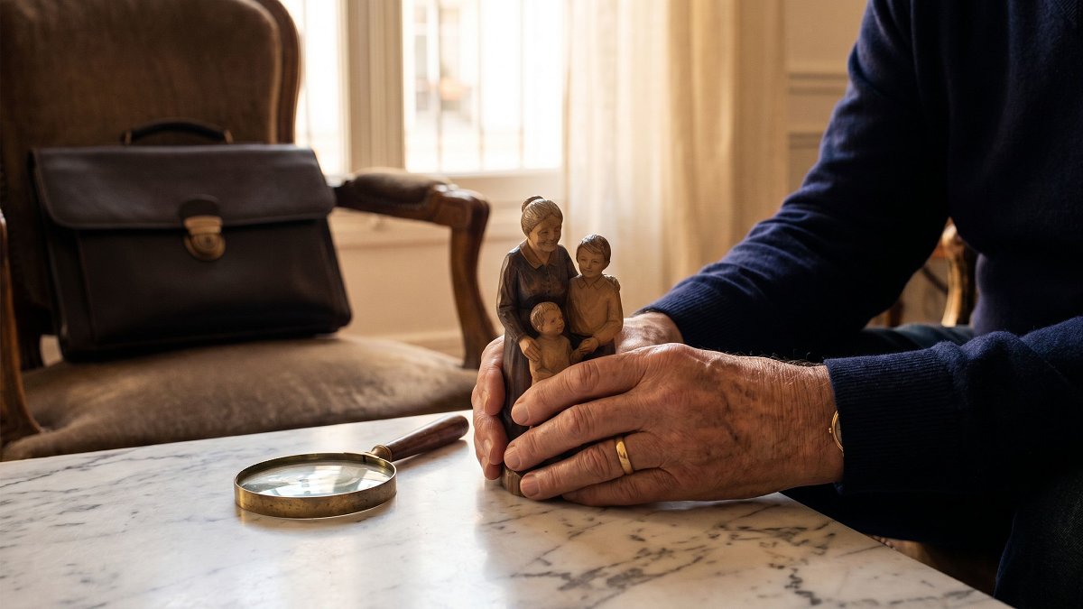 Transmission patrimoniale par l'assurance vie symbolisée par une figurine familiale en bois et un dossier successoral