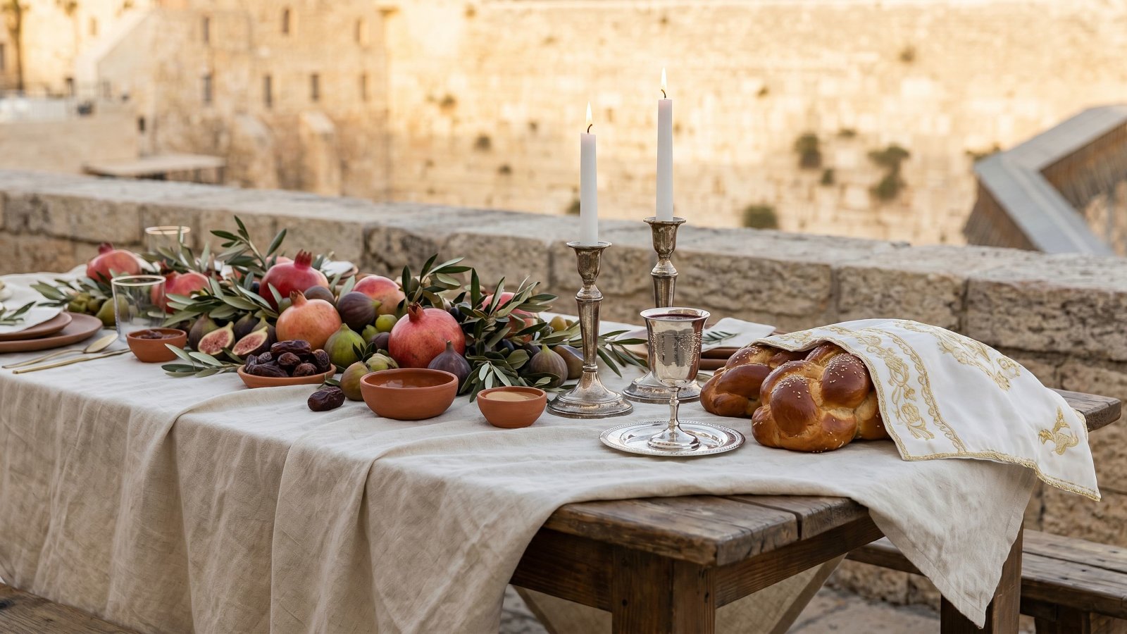 An editorial scene of a kosher holiday table set for a chag dinner in an Israeli dining room