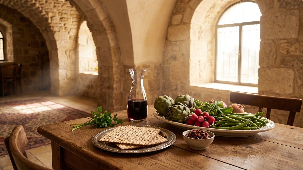 A Pesach chol hamoed kosher restaurant table in Jerusalem, with matzah, haroset and a carafe of red wine