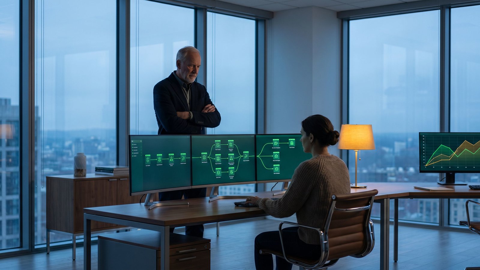 Engineering operations control room with a CTO and engineer reviewing a software deployment release cadence pipeline dashboard