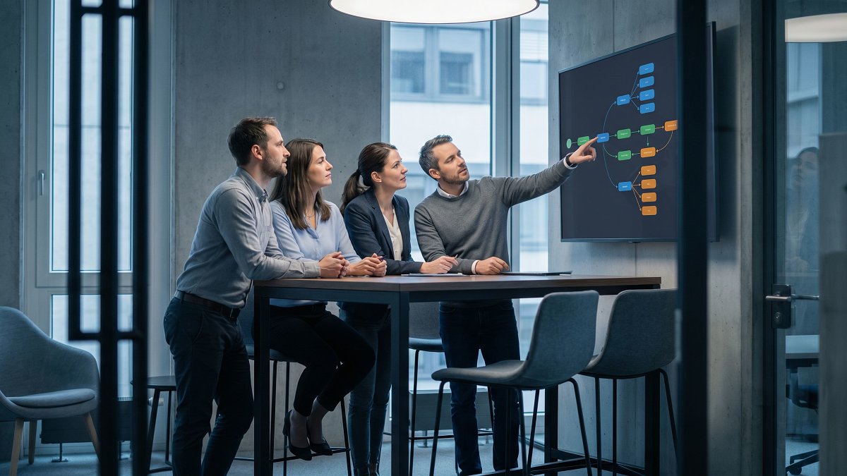 Small engineering team reviewing a release pipeline diagram with blue green deployment and canary rollout visualization on a wall display