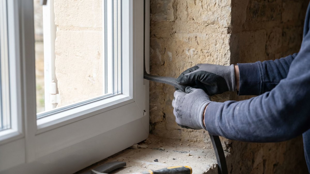 Pose d'un compriband d'étanchéité sur un dormant PVC neuf en rénovation