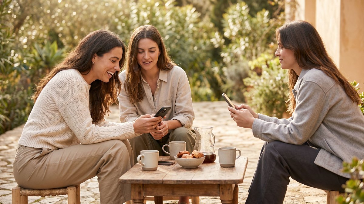 Friends settling shared travel expenses on their phones over coffee