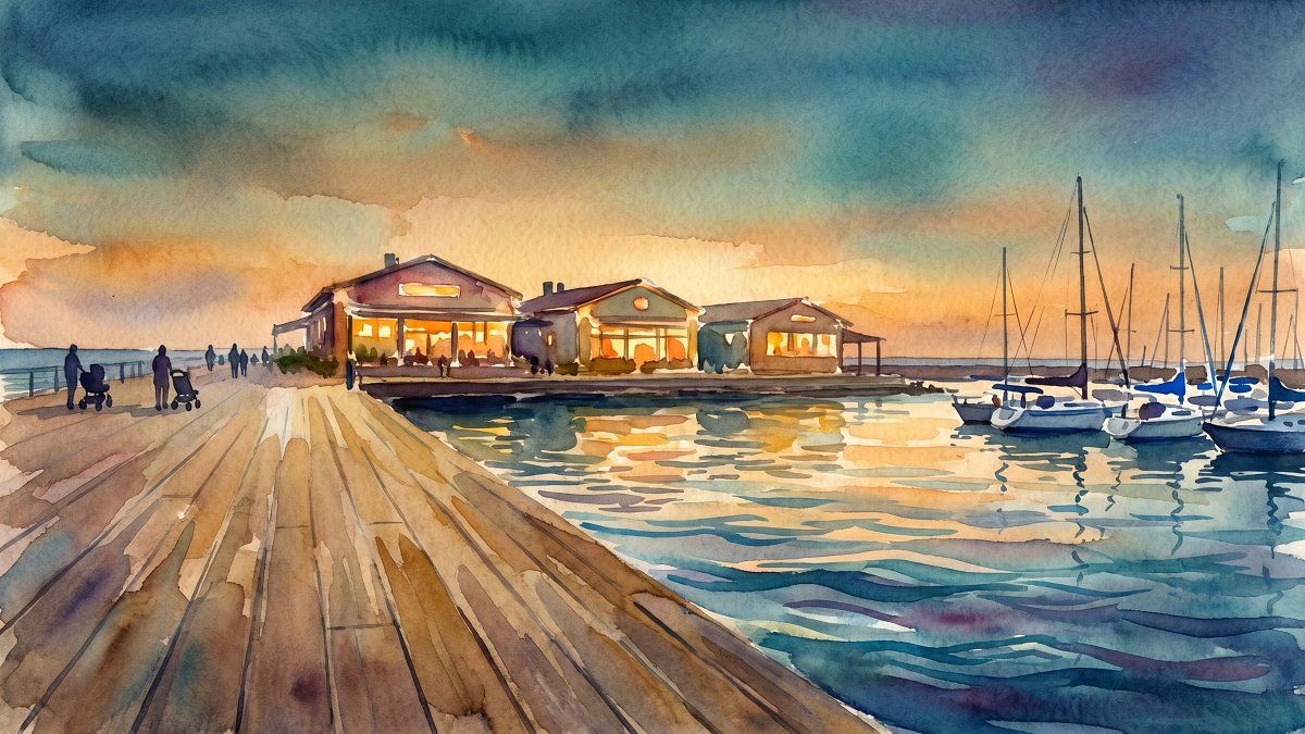 Watercolor of Tel Aviv Port boardwalk at sundown with marina and lit restaurant facades