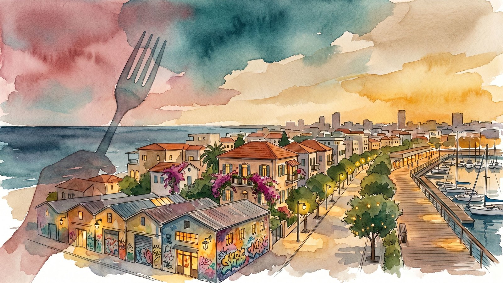 Watercolor view of Tel Aviv at dusk with neighborhoods layered south to north