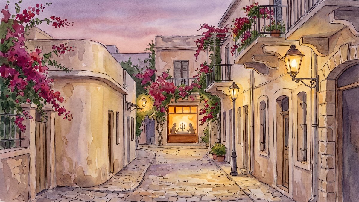 Watercolor of a Neve Tzedek stone alley at early evening with a lit restaurant window