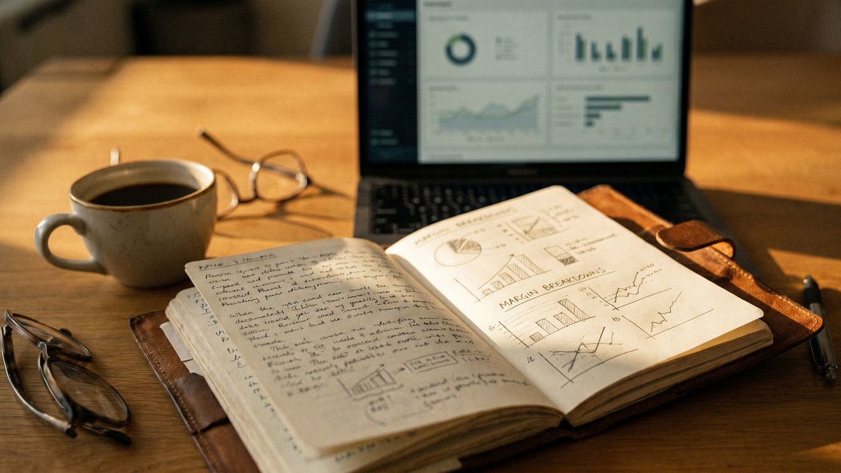 Operator notebook with handwritten case study notes and project margin sketches