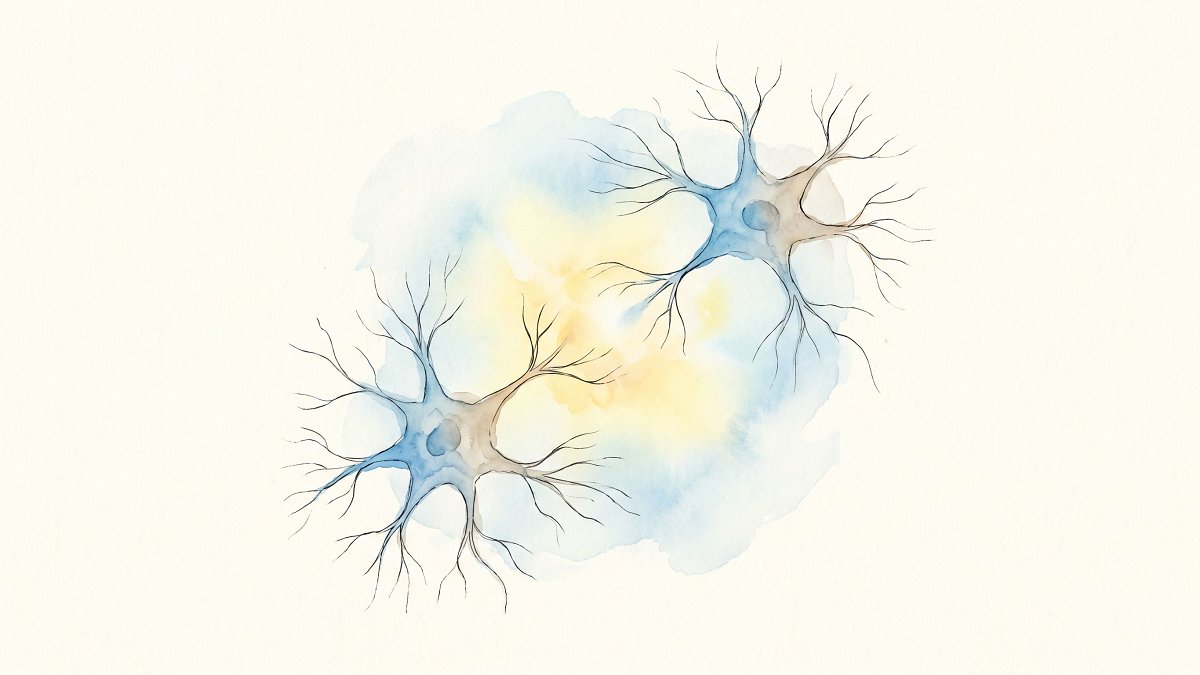 Aquarelle de deux neurones communiquant à travers une synapse