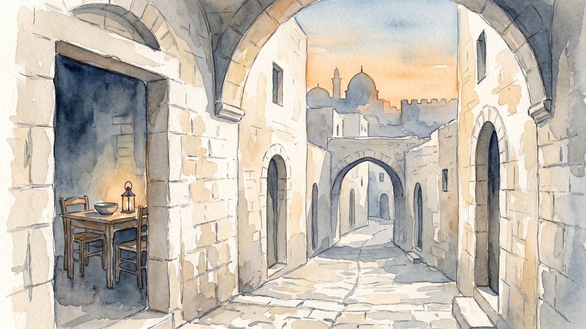 Stone lanes of an old Galilee city at sunset with a quietly set table in a doorway