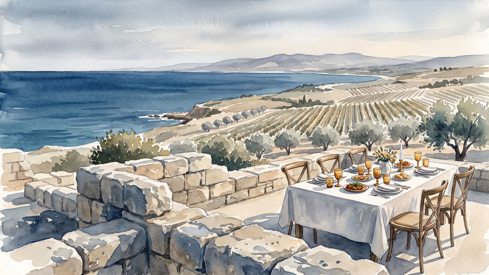 Israeli Mediterranean coast meeting vineyard hills with a set kosher table at golden hour