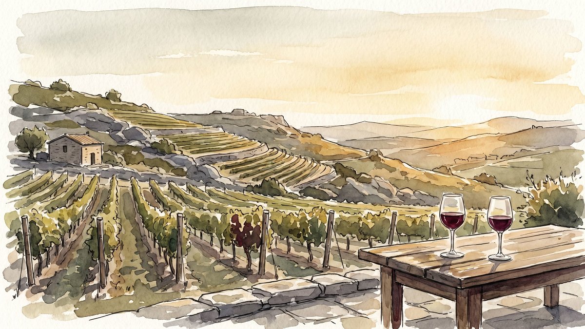 Terraced kosher vineyards of the Galilee and Golan with a tasting table of red wine