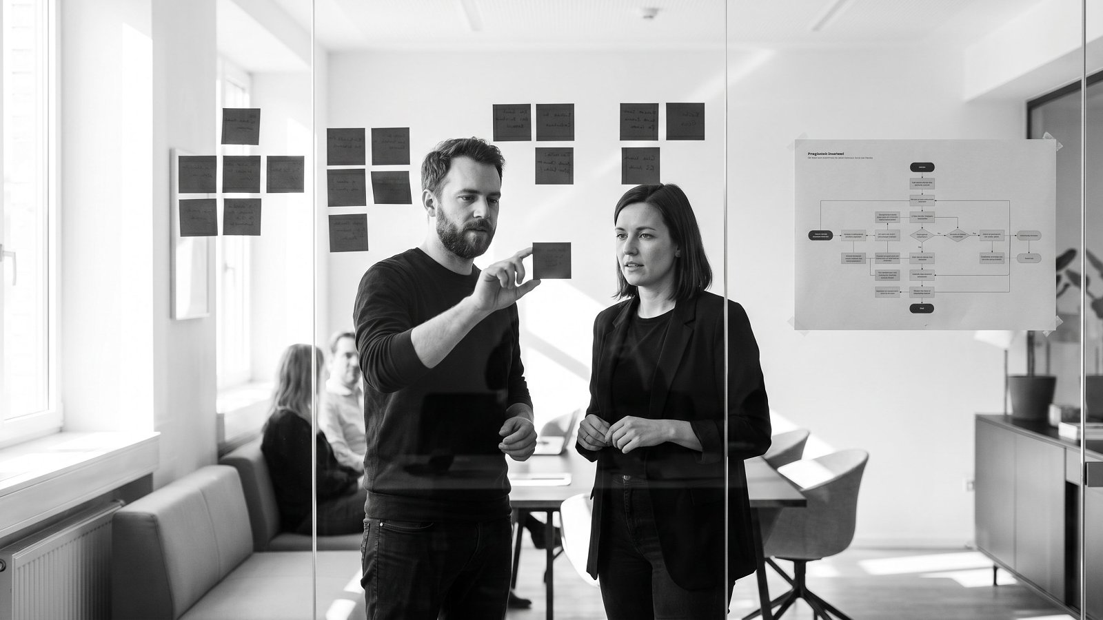 Agency client onboarding and discovery workshop with a planning wall and scope document