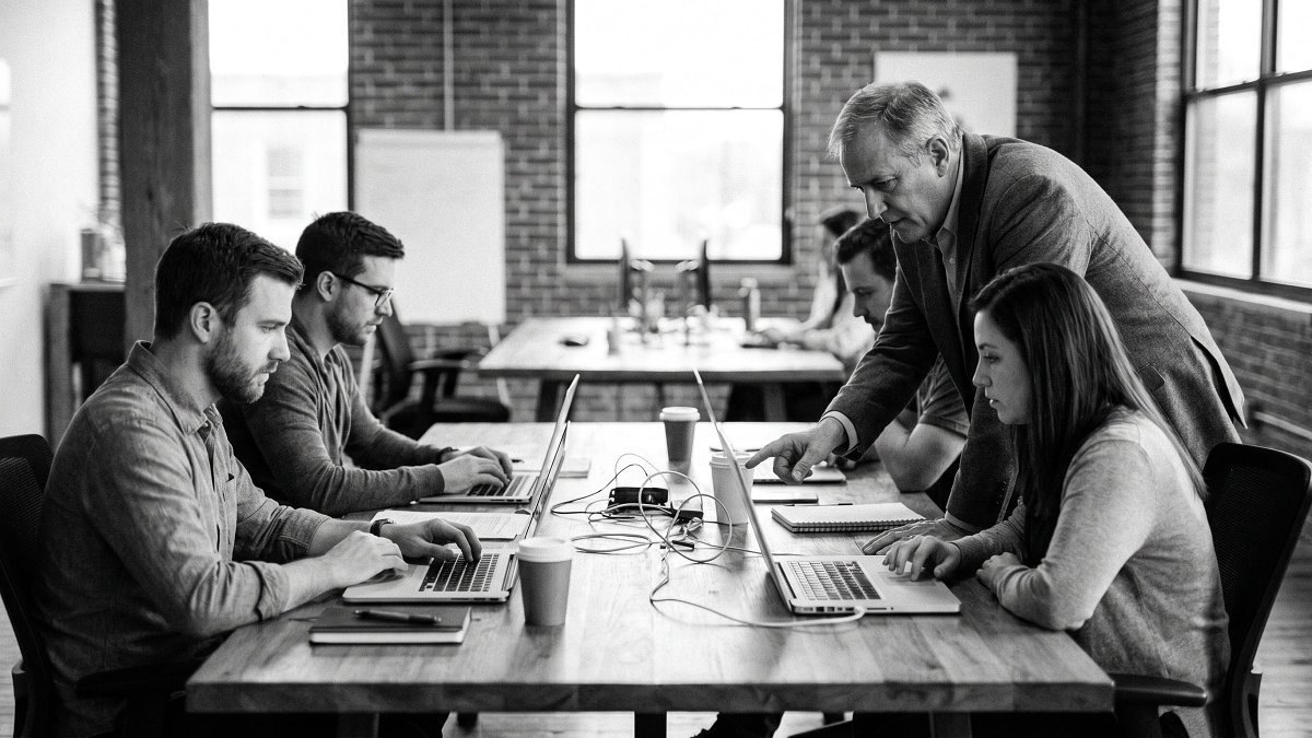 A small startup engineering team working alongside a senior technical advisor