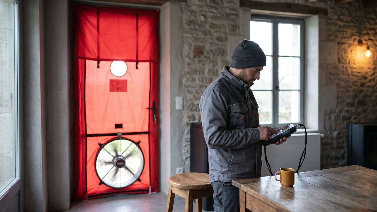 Test d'infiltrométrie par porte soufflante dans une maison rénovée