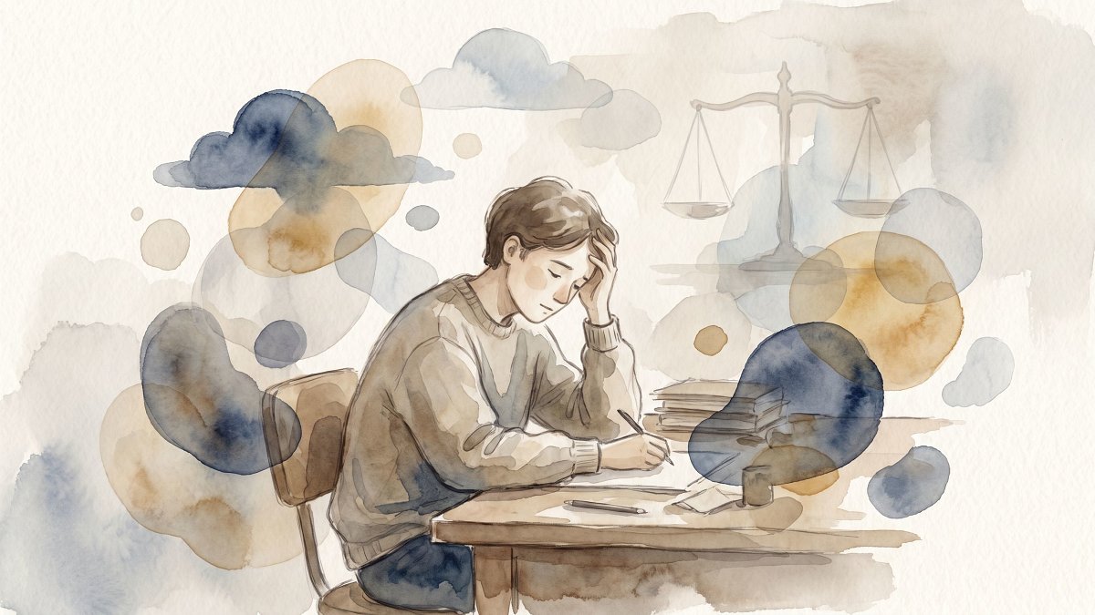 Personne pensive entourée de facteurs de stress et de vie quotidienne liés à l'anxiété