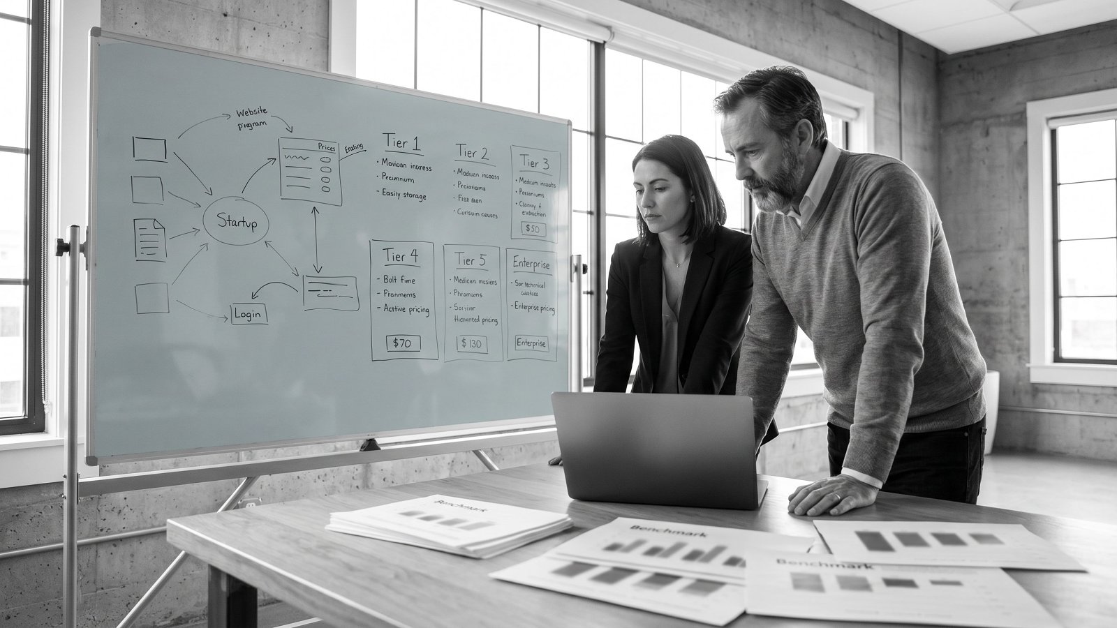 A founder and a senior technical advisor reviewing fractional CTO rate models on a studio whiteboard