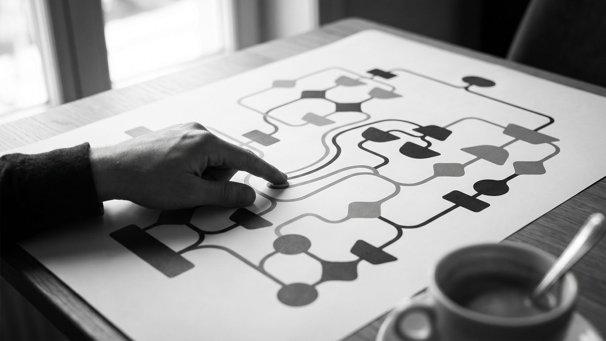 A hand tracing a route across a printed decision flowchart of branching paths