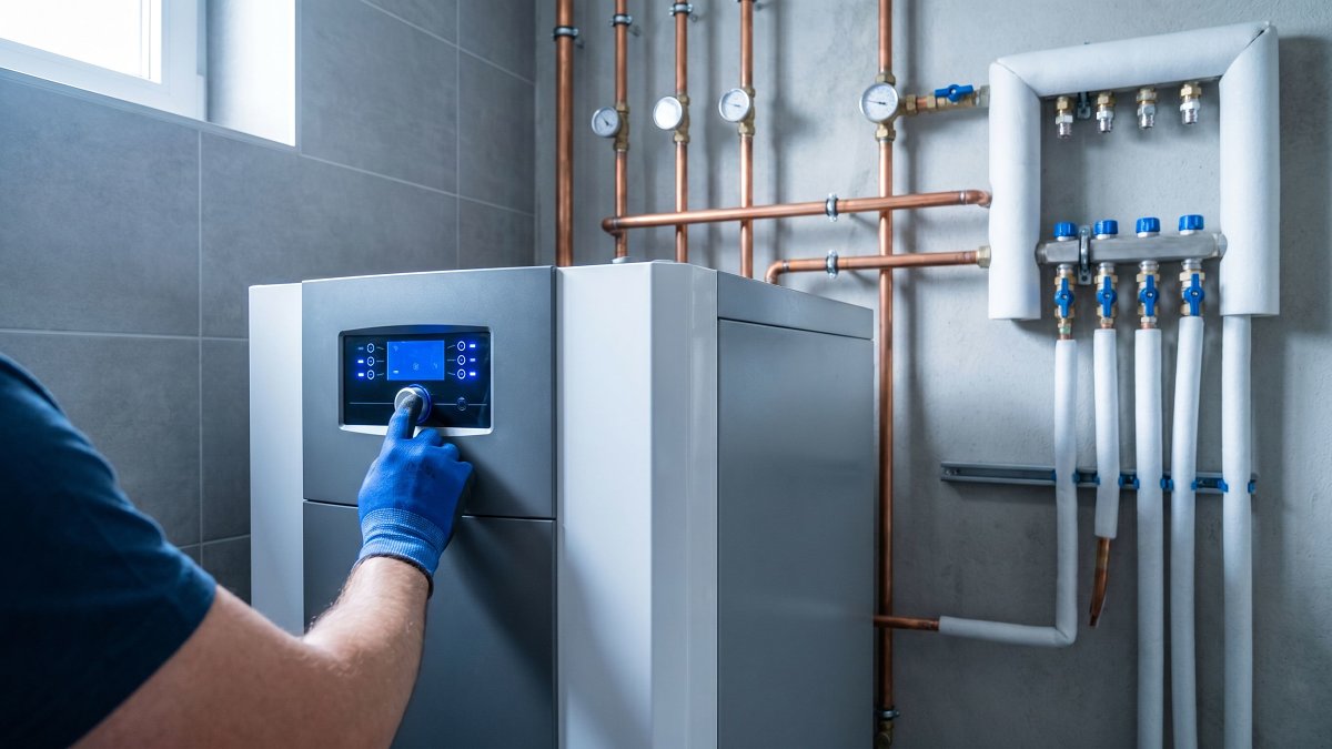 Module hydraulique intérieur d'une pompe à chaleur air-eau avec tuyaux en cuivre et panneau de commande