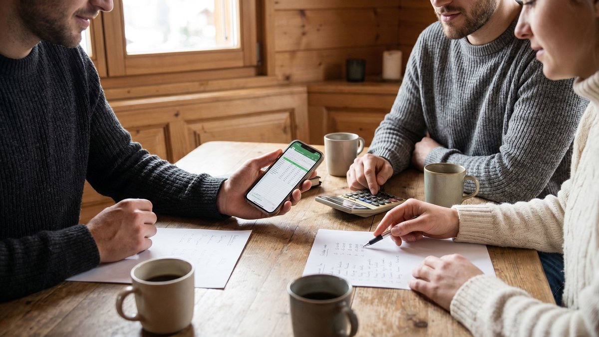 Group of friends reviewing a ski trip budget together in a mountain chalet