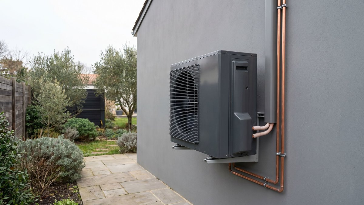 Unité extérieure de pompe à chaleur air/air fixée sur la façade d'une maison