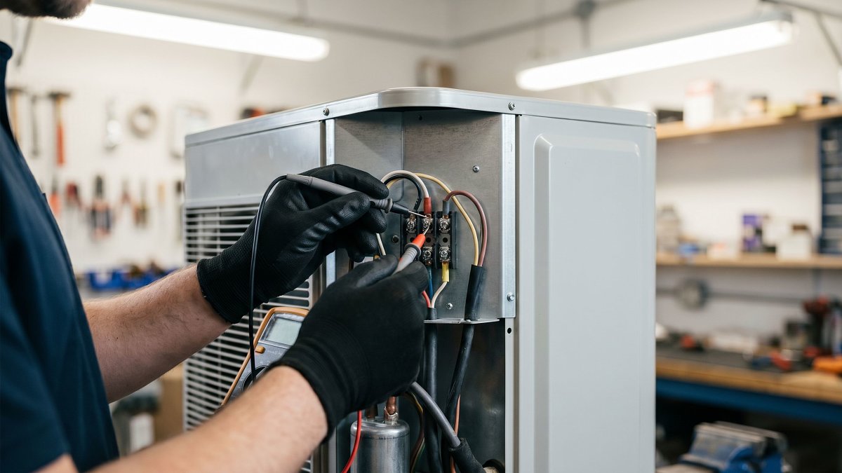 Technicien certifié vérifiant une unité de climatisation réversible