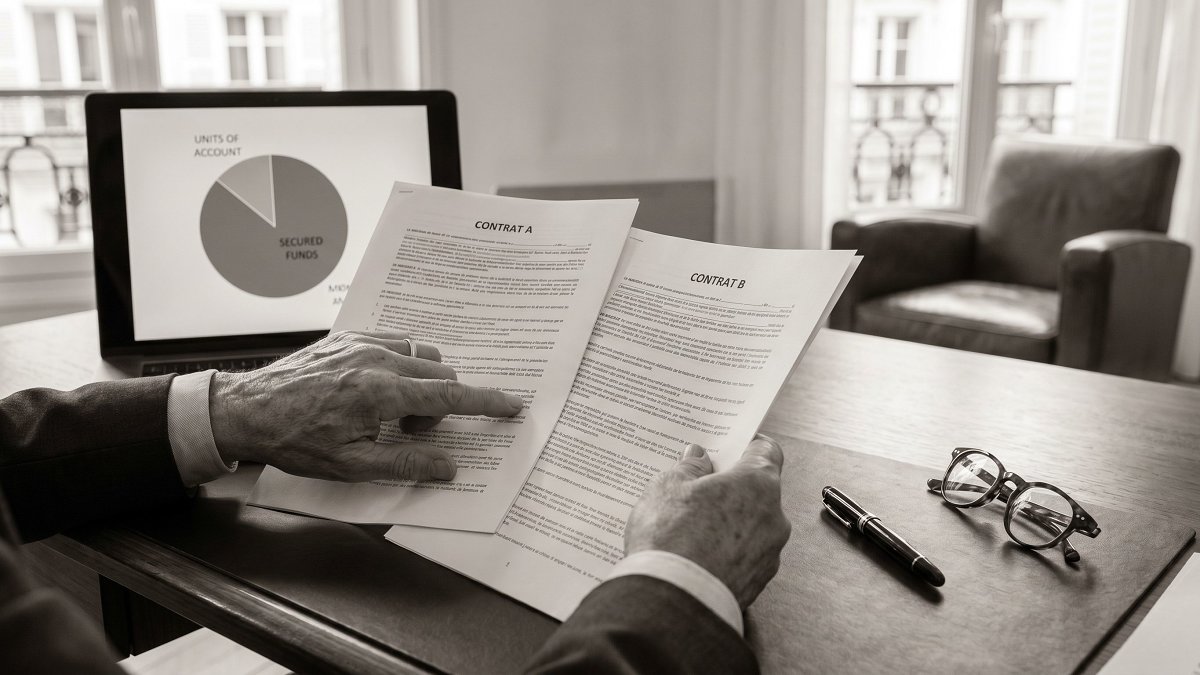 Conseiller comparant deux contrats de Plan d'Épargne Retraite et leur allocation entre fonds en euros et unités de compte
