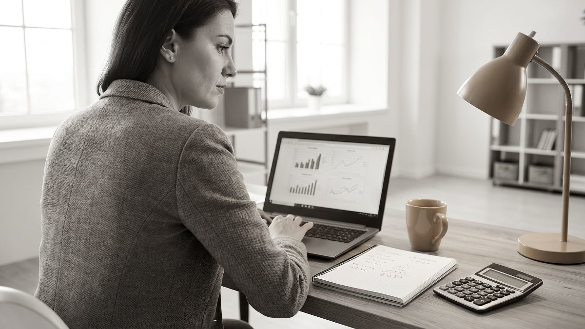 Professionnelle réalisant une simulation de retraite sur dix ans sur un ordinateur portable