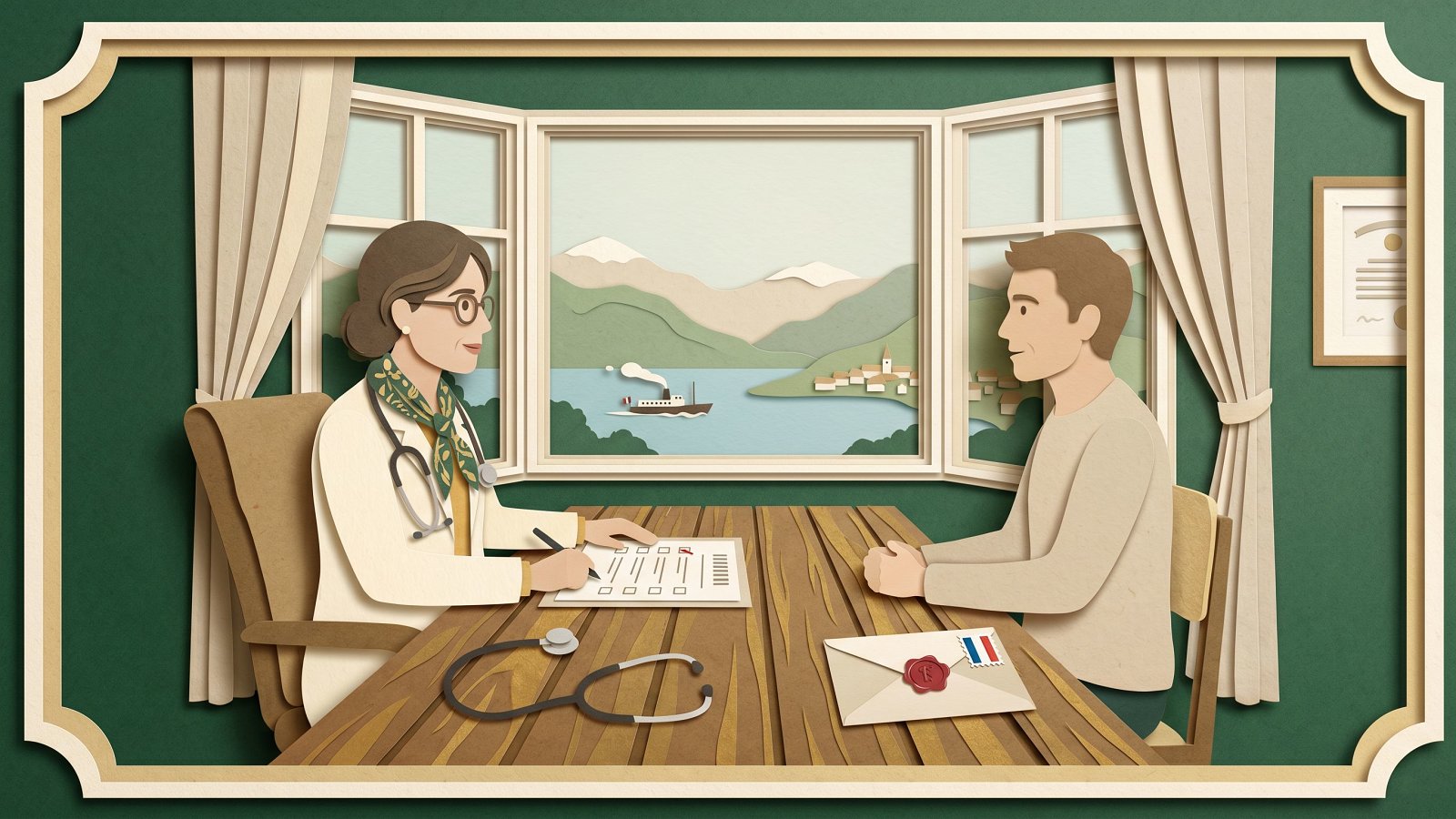 Illustration papier découpé d'une consultation médicale en Suisse romande pour la souscription d'une assurance emprunteur française