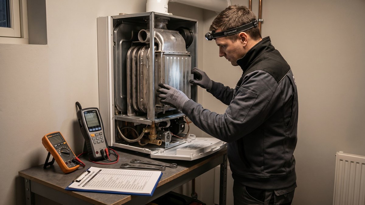 Technicien réalisant l'entretien annuel d'une chaudière gaz à condensation