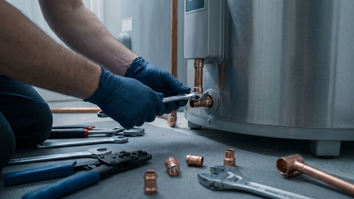 Technicien Vertena raccordant l'unité pompe à chaleur d'un chauffe-eau thermodynamique