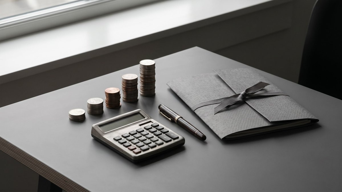 Calculatrice, stylo et piles de pièces croissantes, frais réels et fiscalité d'un ETF sur dix ans